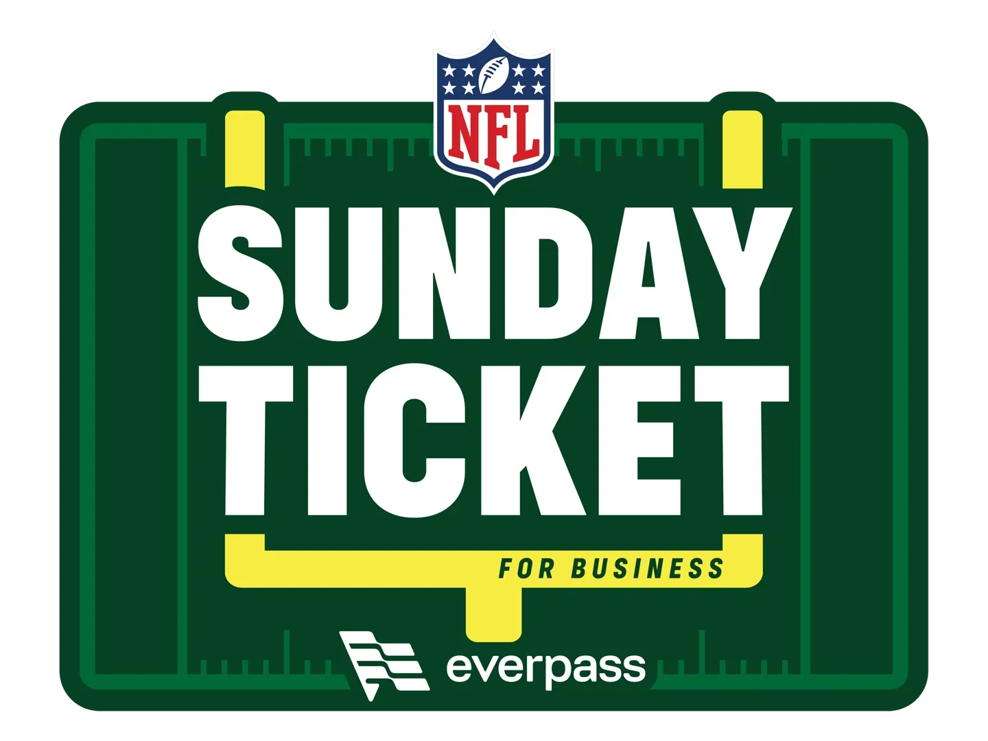 NFL Sunday Ticket for Business logo presented by Everpass featuring a green football field design with yellow goalposts.